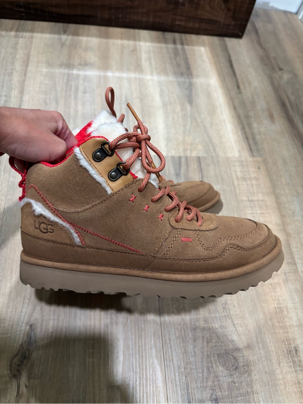 UGG Highland Hi Heritage Chestnut Suede Winter Boot with Red Trim